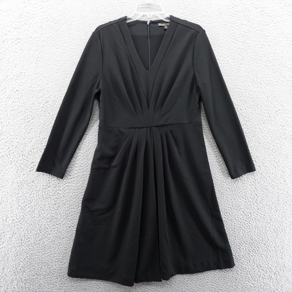 Brooks Brothers Pleated ALine‎ Dress Size 10 Black Womens Long Sleeve VNeck
